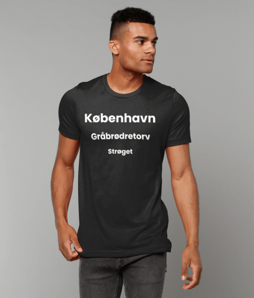 Model wears black tshirt with København text