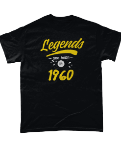 Black t-shirt with yellow Legends are born in 1960 design