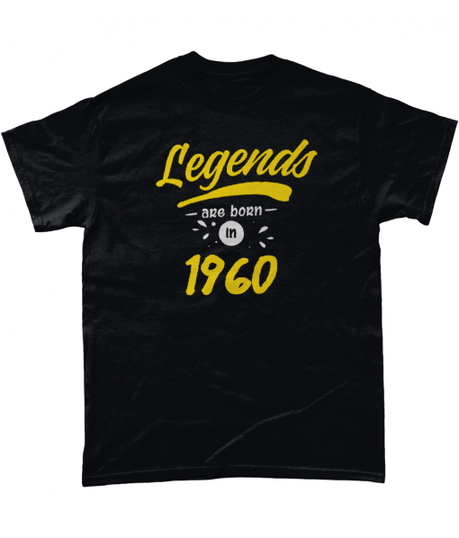 Black t-shirt with yellow Legends are born in 1960 design