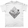 White tshirt with hand drawn tropical sunset design including palm tree, ocean and a hand coming out of the ocean