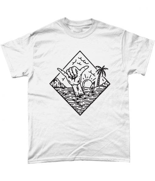White tshirt with hand drawn tropical sunset design including palm tree, ocean and a hand coming out of the ocean
