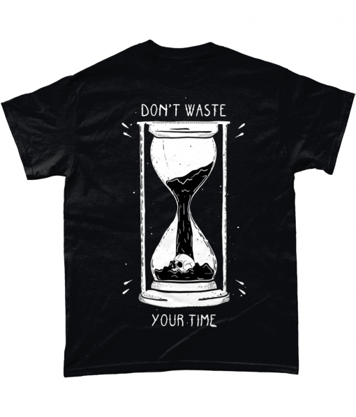 Black short sleeved t-shirt with Don't Waste Your Time design UK