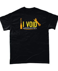 Black 100% cotton t-shirt with yellow and orange "I Void Warranties" design.