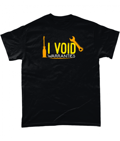 Black 100% cotton t-shirt with yellow and orange "I Void Warranties" design.