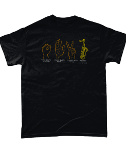 Black T-shirt with Rock, Paper, Scissors, Saxophone design