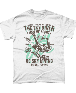 White t-shirt with sky diver design - go sky diving before you die