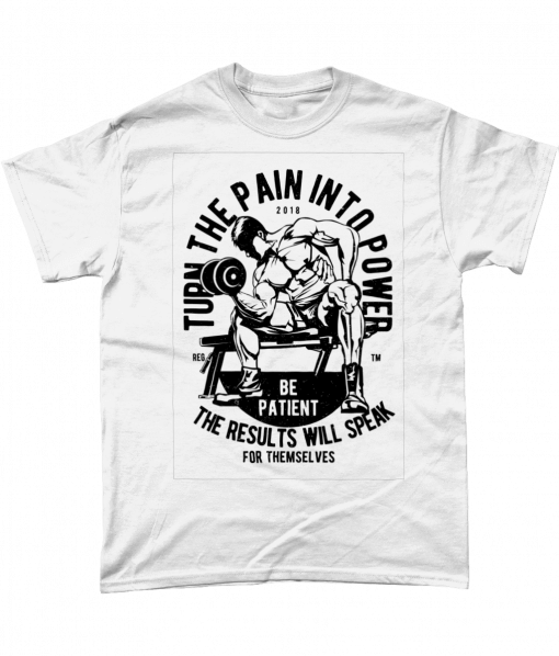 Inspirational weight-lifting t-shirt with Turn the pain into power design