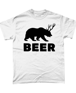 White t-shirt with bear that has antlers design bear and deer = beer