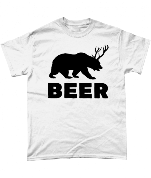 White t-shirt with bear that has antlers design bear and deer = beer