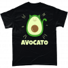 Black t-shirt with avocato design (a green avocado shaped cat)
