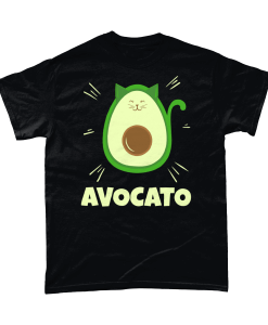 Black t-shirt with avocato design (a green avocado shaped cat)