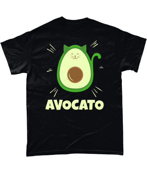 Black t-shirt with avocato design (a green avocado shaped cat)