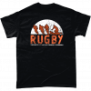 Black t-shirt with red Rugby (sport) design