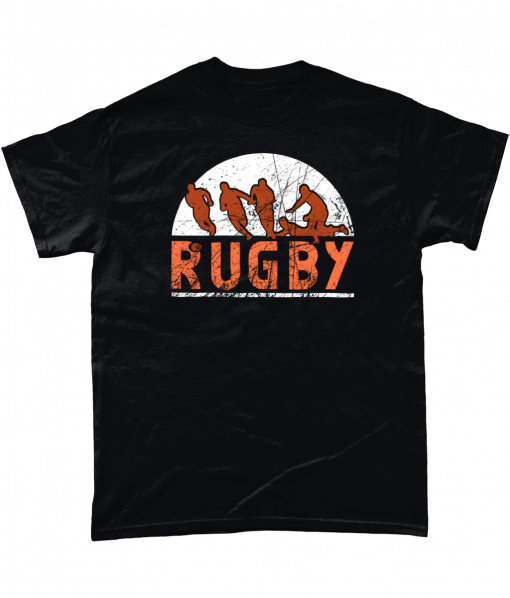 Black t-shirt with red Rugby (sport) design