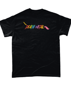 Black t-shirt printed in UK with Death Metal Unicorn Rainbow design