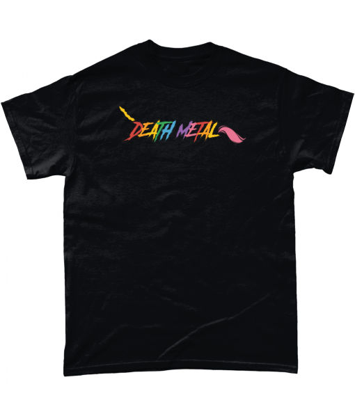 Black t-shirt printed in UK with Death Metal Unicorn Rainbow design