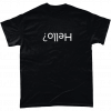 Black t-shirt with upside down Hello? text