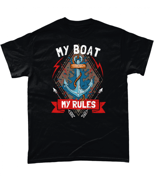 Black t-shirt with My Boat My Rules design