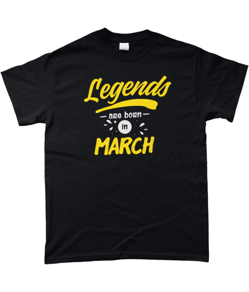 Black t-shirt with yellow Legends are born in MARCH design