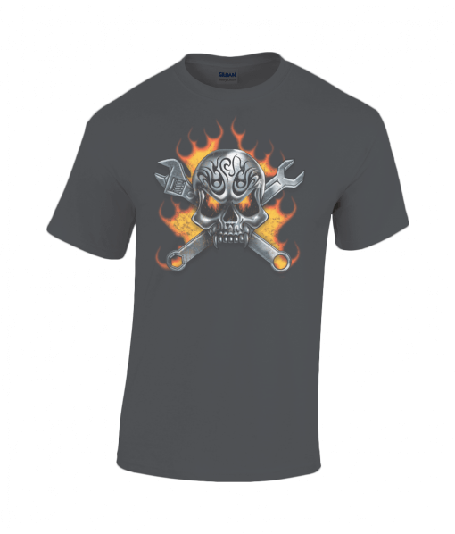 Black t-shirt with fiery skull and tools design